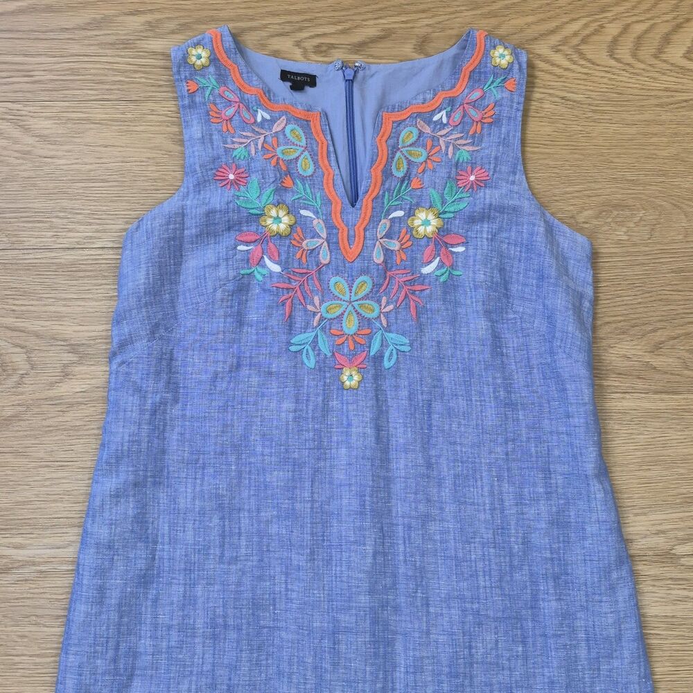Talbots Summer Dress Womens 6 Embroidered Floral Linen Blend Chambray Shift